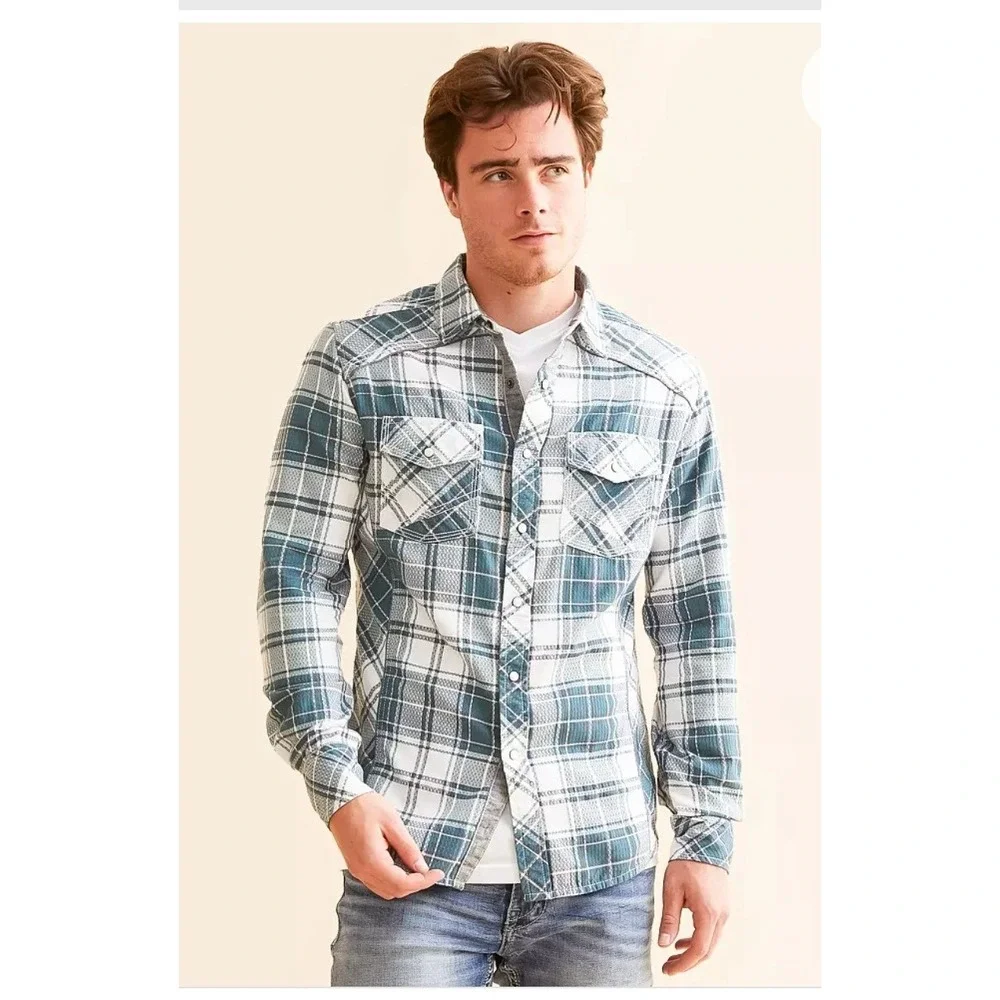 BKE‎ Western Snap Shirt Mens Large Teal White Plaid Tailored Fit  Condition